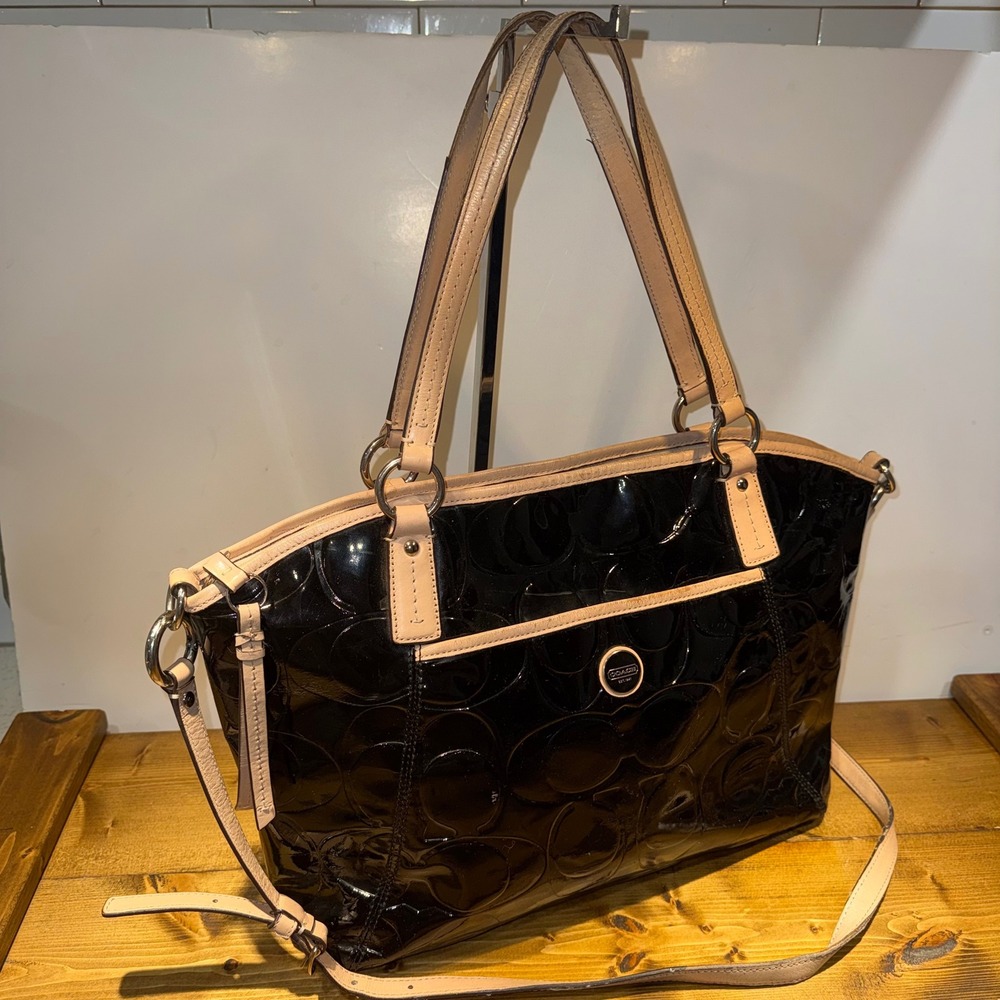 Coach Taylor Signature Embossed Patent Leather Tote Bag Black F25188